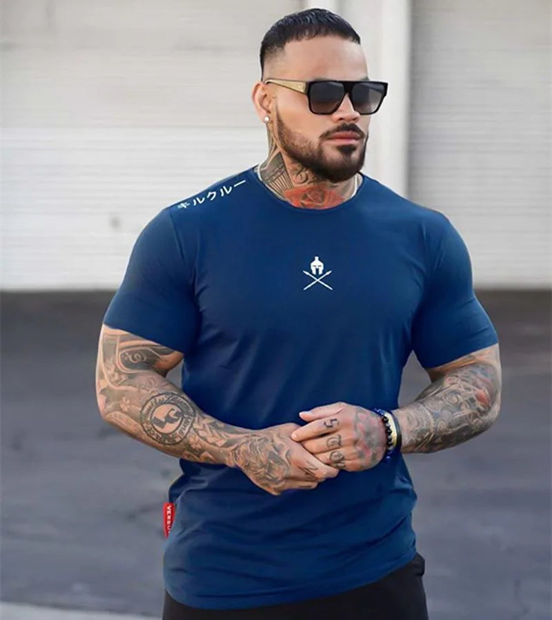 Men T Shirts Fashion Summer Bodybuilding Letter Printed Tshirt Men GYM Fitness Workout  O-Neck Show Muscle.