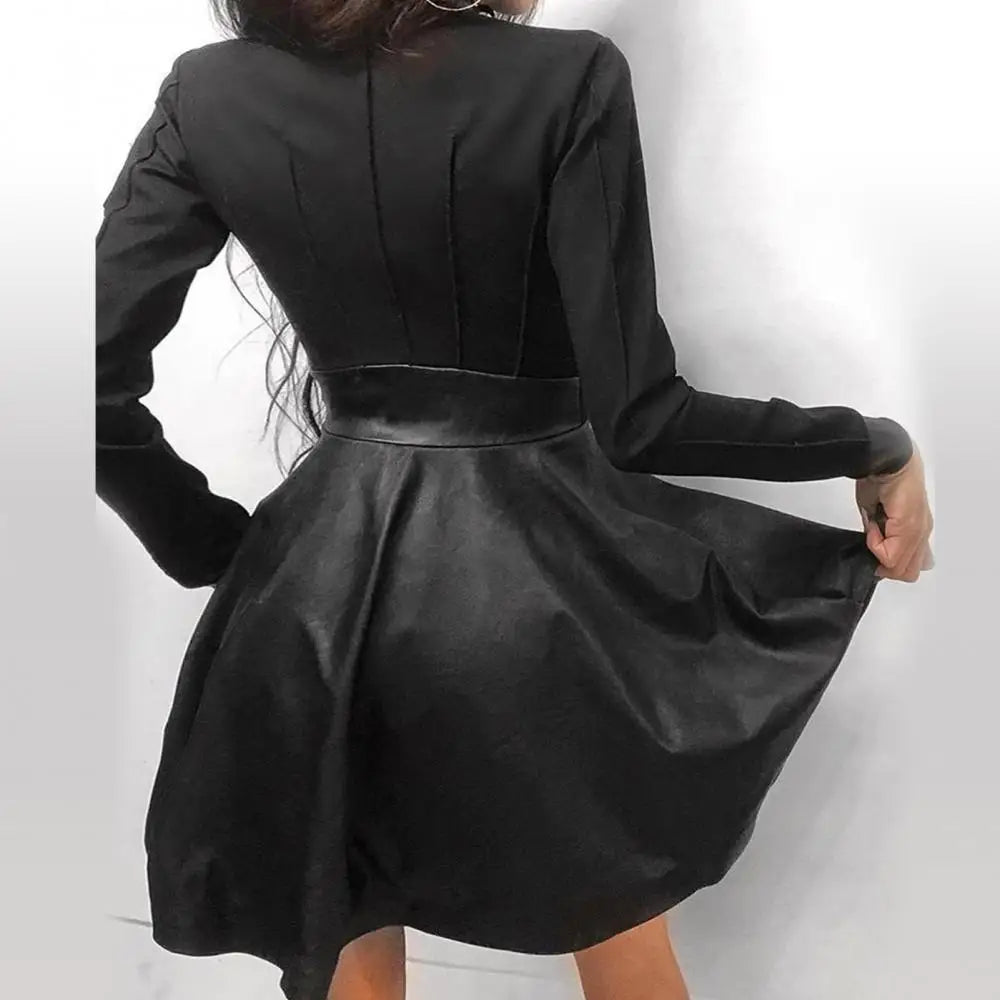 Модна дамска мини рокля от изкуствена кожа с дълъг ръкав и цип с голям подгъв