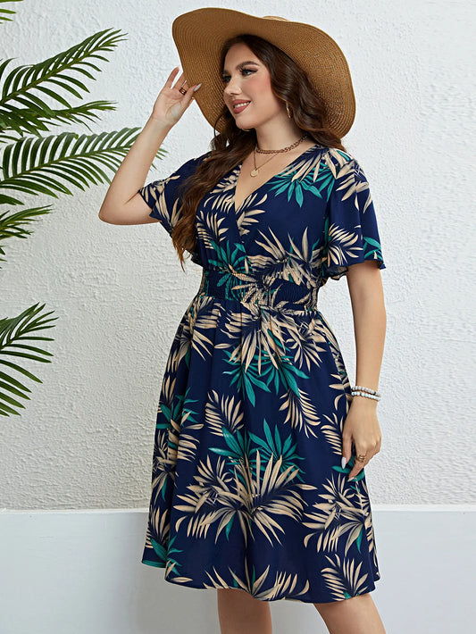 Plus Size Floral Print Wrapped V-Neck Women Dresses Short Ruffle Sleeves
