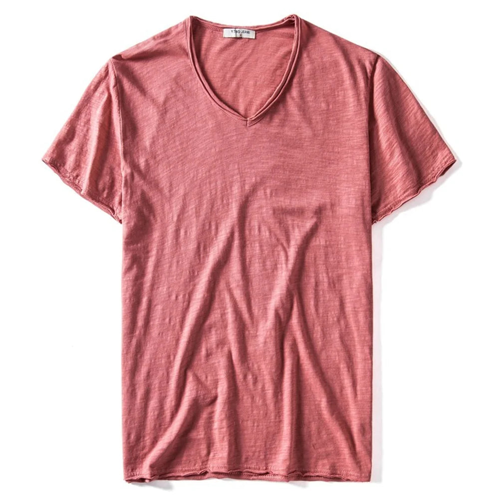 New Summer V-neck T-shirt Men 100% Combed Cotton Solid.