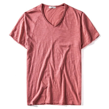 New Summer V-neck T-shirt Men 100% Combed Cotton Solid.