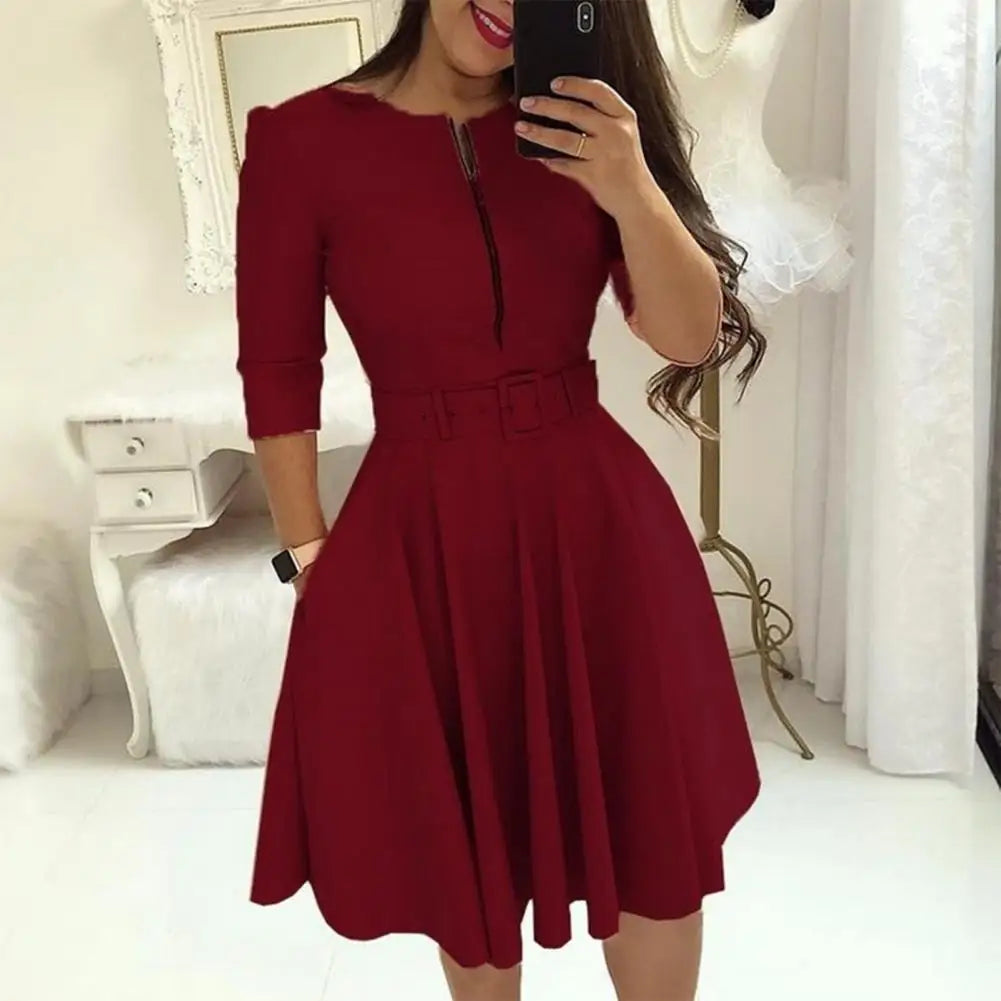 Women Dress Casual Solid Color with Belt Tight Waist A-line Dress-up Knee Length Zipper Lady Fall Dress Female Clothes