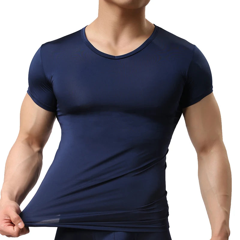Men's Sheer Undershirts Man Ice Silk Mesh See through Basics Shirts Sexy Fitness Bodybuilding Underwear.