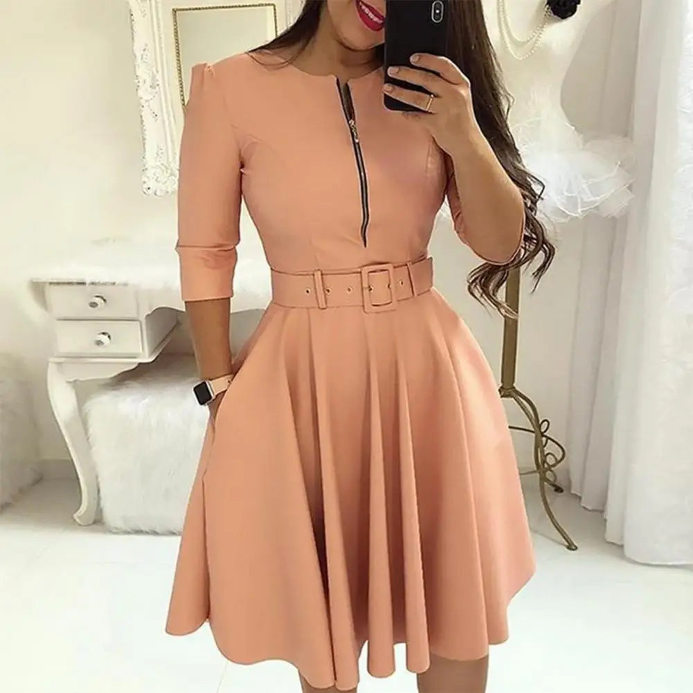 Women Dress Casual Solid Color with Belt Tight Waist A-line Dress-up Knee Length Zipper Lady Fall Dress Female Clothes