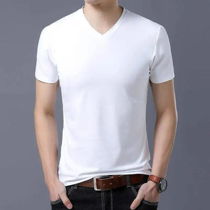 Summer Thin 2023 Luxury Men's Oversize T-Shirt Short Sleeves and V-Neck Modal Ice Silk Fabric Normal Casual Stretch Tshirt Top.