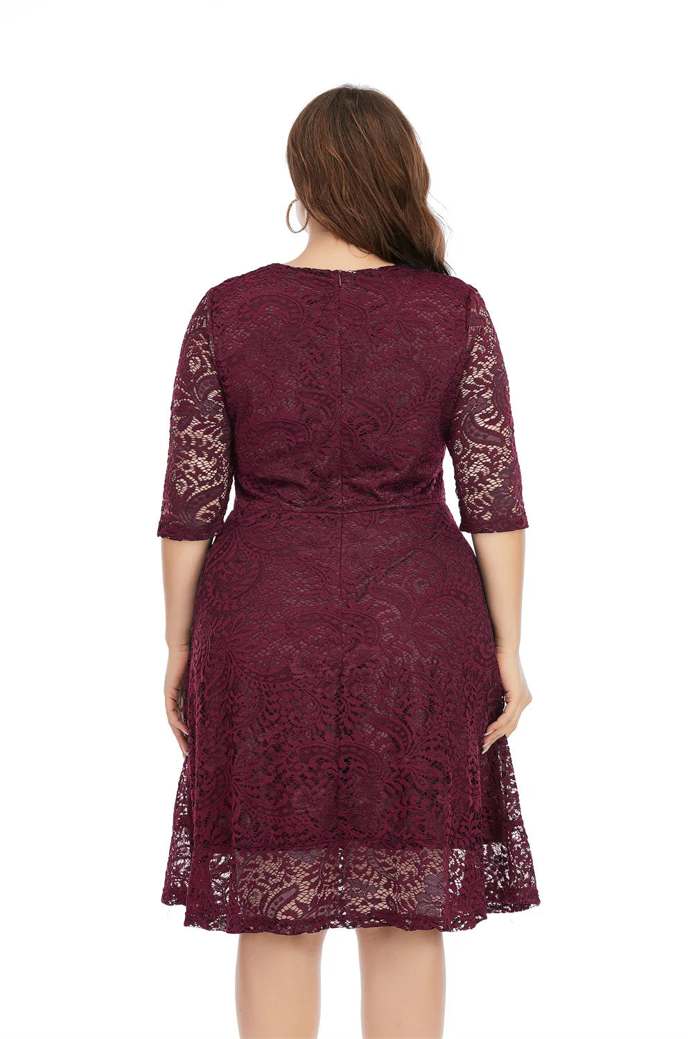 Plus Size Contrast Lace Semi Sheer 3/4 Sleeve Midi Dress