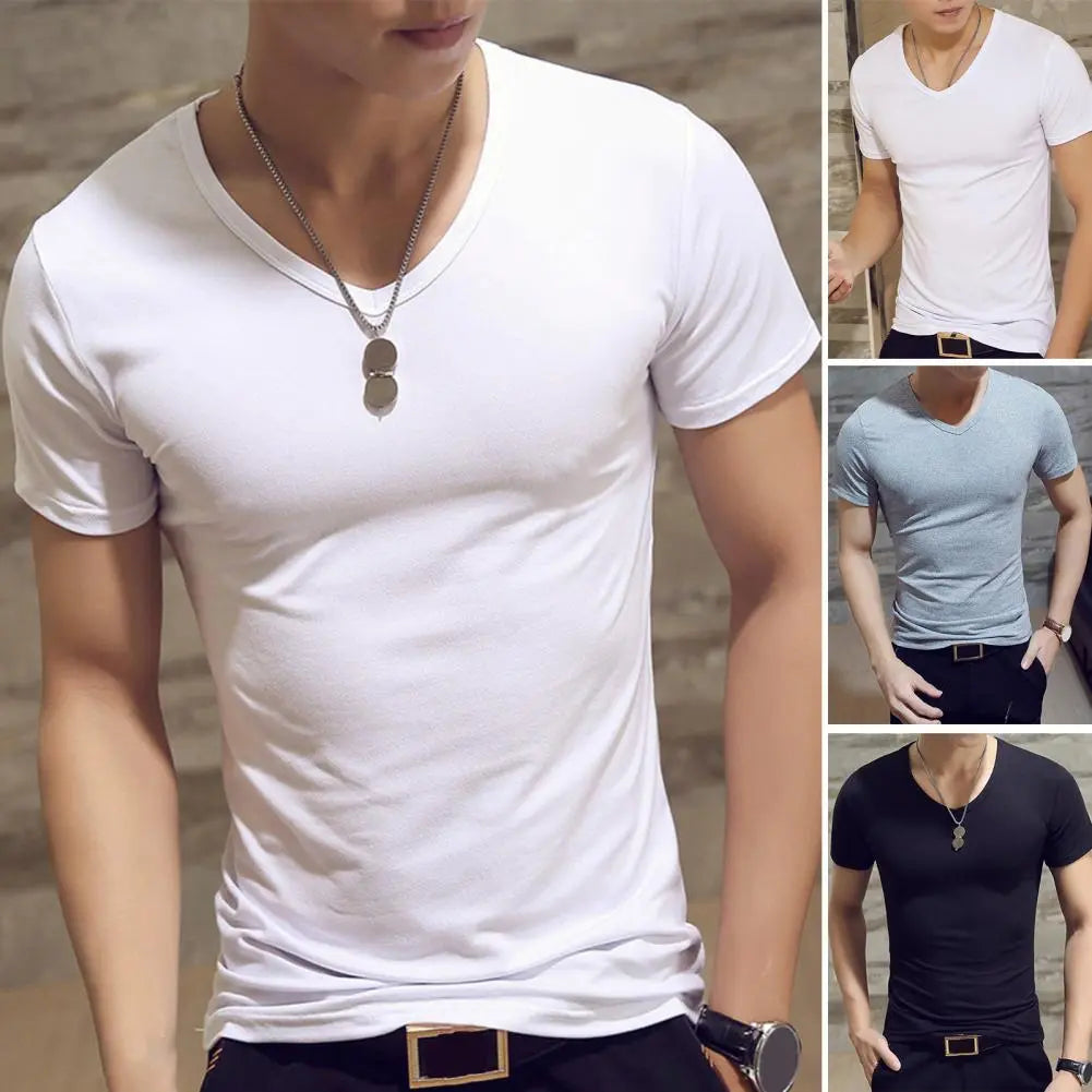 Casual T-shirt V-Neck Short Sleeve Thin Men T-shirt Summer Solid Color.