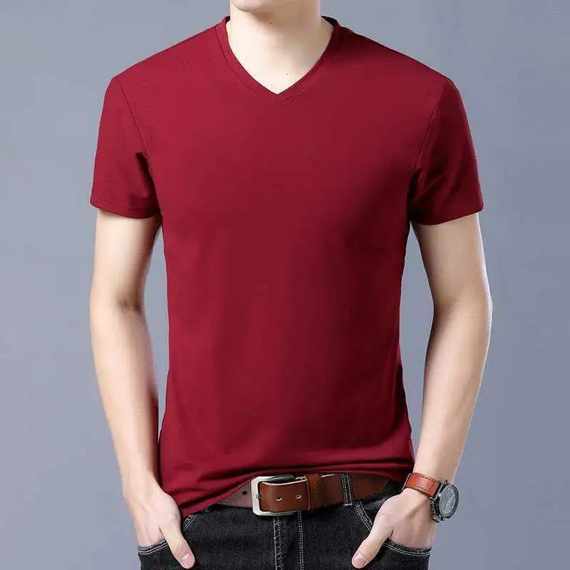 Summer Thin 2023 Luxury Men's Oversize T-Shirt Short Sleeves and V-Neck Modal Ice Silk Fabric Normal Casual Stretch Tshirt Top.