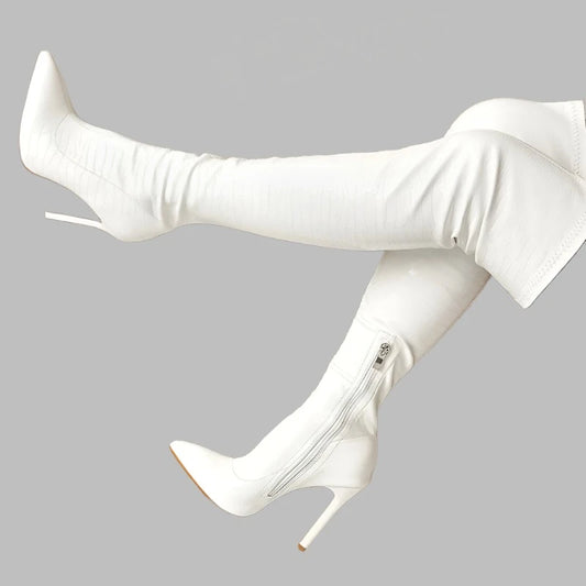 fashion White Over the Knee Side Zipper Slip-On Pointed Toe Shoes